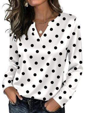 Zeagoo Women's Polka Dots V-Neck Long Sleeve Pull on Imported Satin Silk Tops
